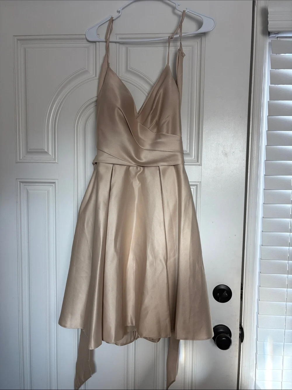 JJ's House Giulia Champagne V-Neck Spaghetti Straps Pleated Satin Dress #274654